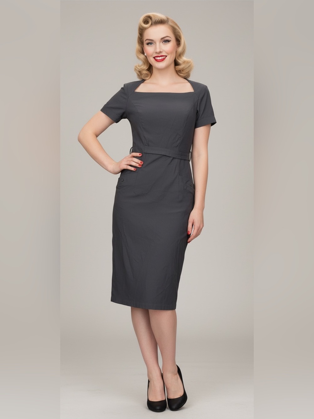 Belle Poque Square-Neck Midi Dress in Charcoal Gray, Large, EUC